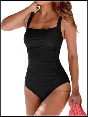 Vintage Padded Push Up One Piece Swimsuit Tummy Control Plus Size Swimwear